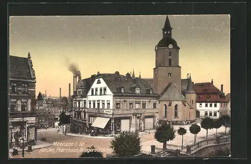 AK Meerane i. Sa., Kirche mit Geschäften, Pfarrhaus und Kriegerdenkmal