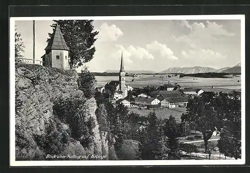 AK Palling, Blick über den Ort auf Gebirge