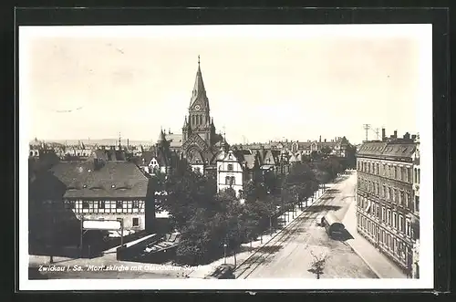 AK Zwickau i. Sa., Moritzkirche mit Glauchauer Strasse