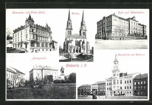 AK Oelsnitz i. V., Marktplatz mit Rathaus, Real- und Volksschule, Kirche