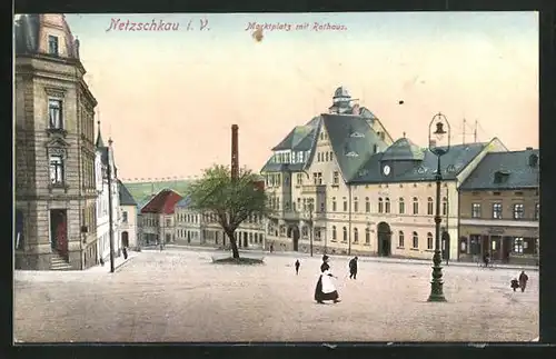 AK Netzschkau i. V., Marktplatz mit Rathaus