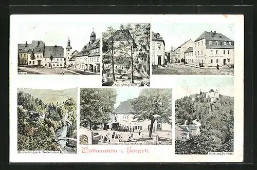 AK Wolkenstein i. Erzgeb., Markt, Amtsgericht, Restaurant Schloss Keller