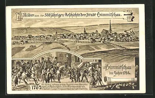 AK Crimmitschau, Bilder aus der 500 jährigen Geschichte, Panorama im Jahre 1724 und 1762
