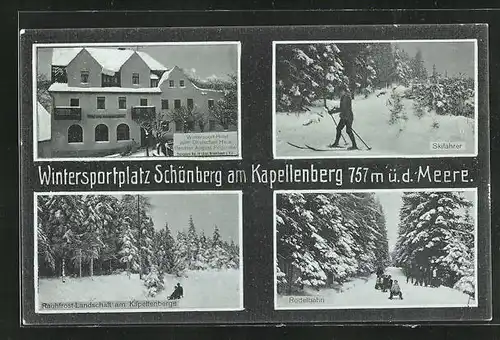 AK Schönberg am Kapellenberg, Skifahrer, Hotel Zum Deutschen Haus im Winterglanz, Rodelbahn