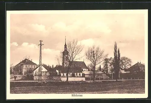 AK Röderau, Teilansicht mit Kirchturm