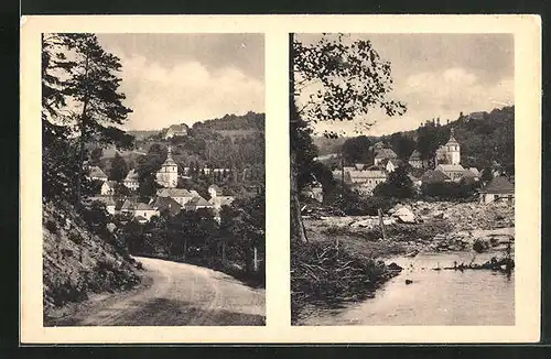 AK Bad Gottleuba, Oelsengrundstrasse vor und nach dem Unwetter am 8. /9. Juli 1927