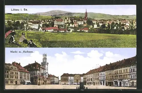 AK Löbau / Sachsen, Markt mit Rathaus, Panorama