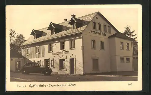 AK Oybin-Hain, Gasthaus Fremdenhof Klette im Dämmerungslicht