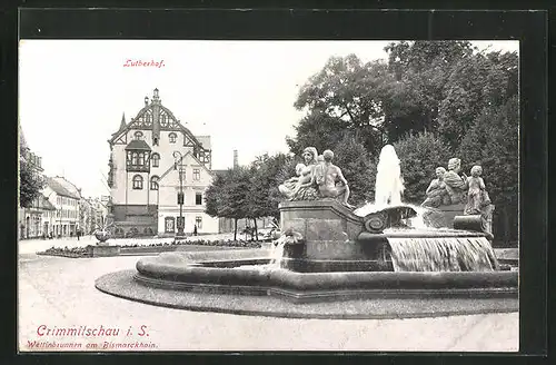 AK Crimmitschau / Sachsen, Hotel Lutherhof mit Denkmal