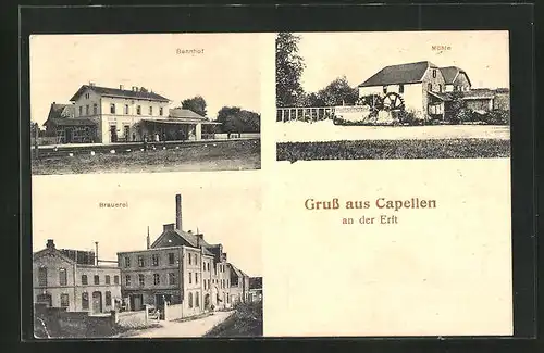 AK Capellen / Erft, Ortsansichten mit Bahnhof, Mühle und Brauerei