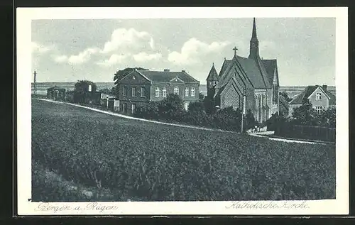 AK Bergen / Rügen, Ortspartie an der Katholischen Kirche