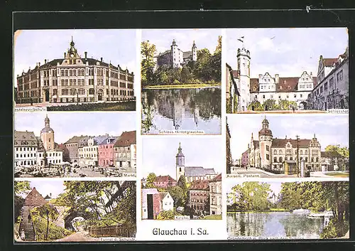 AK Glauchau i. Sa., Schloss Hinterglauchau, Kirche, Markt