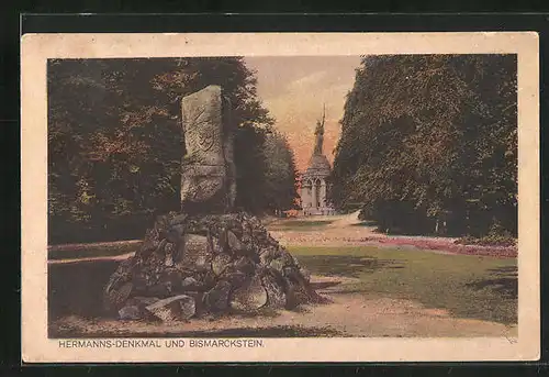 AK Detmold, Hermanns-Denkmal und Bismarckstein