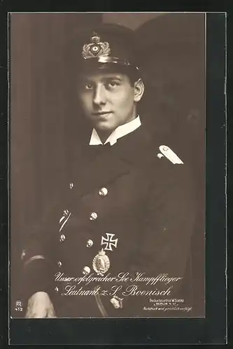 Foto-AK Sanke Nr.: 412, See-Kampfflieger Leutnant z. S. Boenisch in Uniform mit Eisernes Kreuz