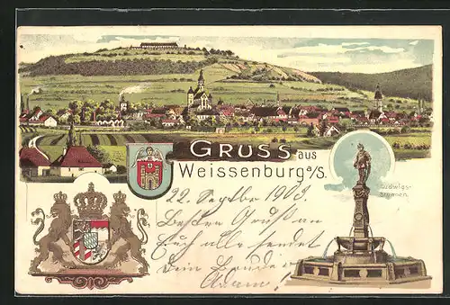 Lithographie Weissenburg a. S., Wappen, Ludwigsbrunnen, Gesamtansicht