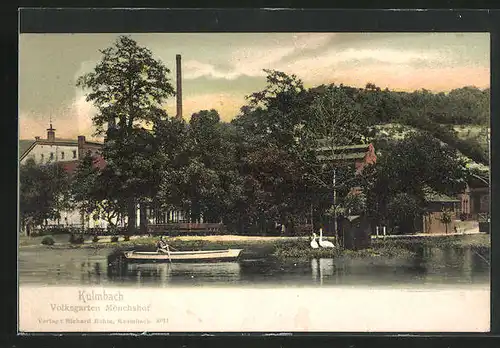 AK Kulmbach, Partie am Gasthaus Volksgarten Mönchshof mit Ruderboot