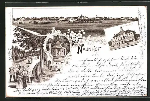 Lithographie Naunhof, Gasthaus Rathskeller, Bismarckhütte, Totalansicht