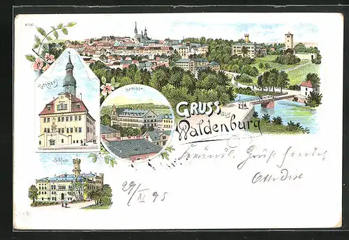 Vorläufer-Lithographie Waldenburg, 1895, Totalansicht mit Rathaus, Seminar und Schloss