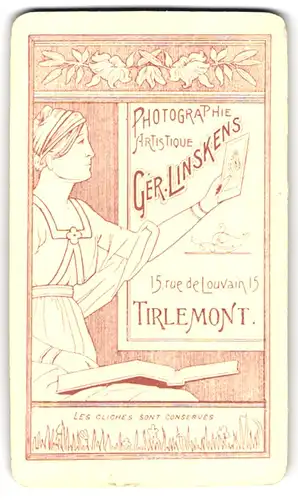 Fotografie G. Linskens, Tirlemont, 13 Rue de Louvain, rück. Frau m. Foto & Album, Jugendtsil, vorder. Porträt Mädchen