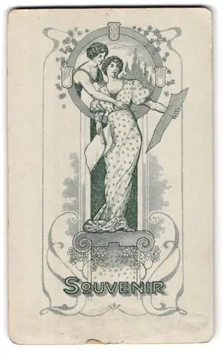 Fotografie unbekannter Fotograf und Ort, rück. Frau mit Pergamentrollen, Jugendstil, vorder. Portrait Mann im Anzug