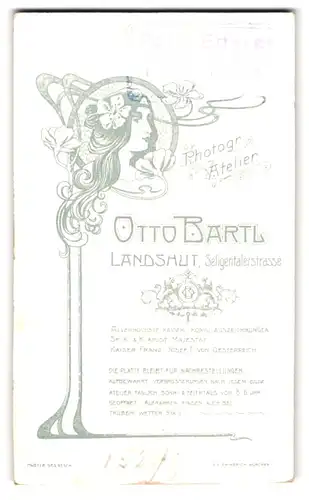 Fotografie O. Bartl, Landshut, Seligentalerstr. rück. Frauenkopf mit Blüte im Haar, Jugendstil, vord. Portrait Mann