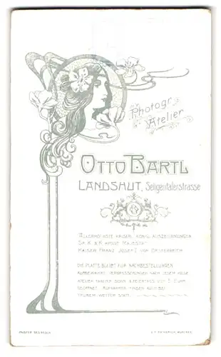 Fotografie Otto Bartl, Landshut, Seligentalerstr. rück. Frauenkopf mit Blüte im Haar, Jugendstil, vord. Portrait Frau