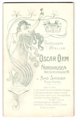 Fotografie Oscar Ohm, Nordhausen, Weberstr. 26, rück. Frau mit Blüte in Händen, Jugendstil, vorder. Portrait Kleinkind