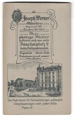 Fotografie Joseph Werner, München, Isartorplatz 2, Ansicht München, Photograf. Anstalt Werner, vord. Herr im Jacket