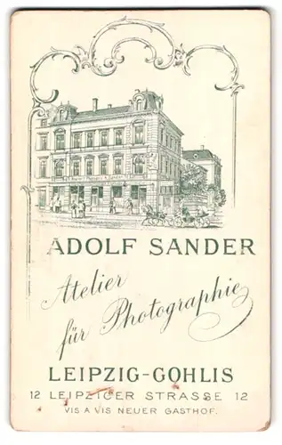 Fotografie Adolf Sander, Leipzig-Gohlis, Leipzigerstr. 12, Ansicht Leipzig-Gohlis, Photoatelier Sander, vord. junge Frau