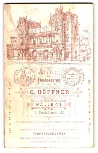 Fotografie C. Höpfner, Halle a/S., Poststr. 13, Ansicht Halle, Atelier des Fotografen Höpfner, vord. Mann mit Brille