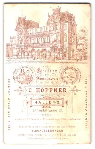 Fotografie C. Höpfner, Halle a/S., Poststr. 13, Ansicht Halle, Atelier d. Fotografen Höpfner, vor. Frau in schöner Bluse