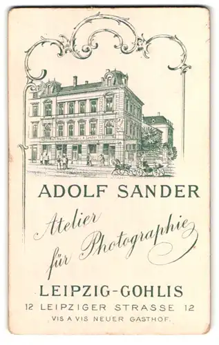 Fotografie Ad. Sander, Leipzig-Gohlis, Leipzigerstr. 12, Ansicht Leipzig-Gohlis, Atelier f. Fotografie Sander, vor. Frau