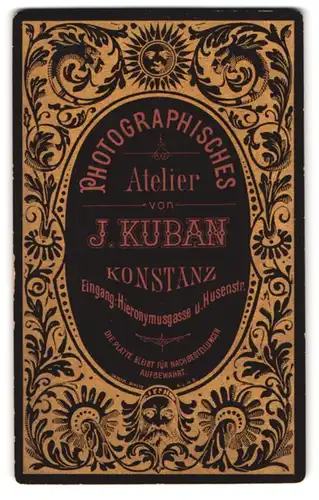 Fotografie J. Kuban, Konstanz, Husenstr., rück. Reklame Photoatelier Kuban in floralem Motiv, vord. Porträt Kinder