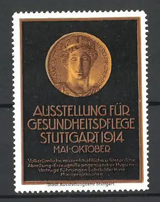 Reklamemarke Stuttgart, Ausstellung für Gesundheitspflege 1914, Goldmünze mit Portrait
