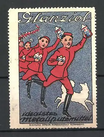 Reklamemarke Glanziol ist idealstes Metallputzmittel, Knaben mit Flaschen