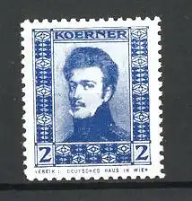 Reklamemarke Schriftsteller Theodor Körner im Portrait, Verein Deutsches Haus in Wien