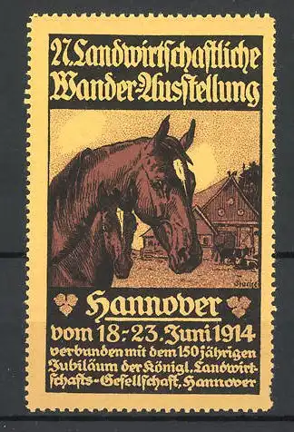 Reklamemarke Hannover, 27. Landwirtschaftliche Wander-Ausstellung 1914, Stute mit Pony auf dem Bauernhof