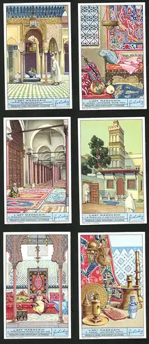 6 Sammelbilder Liebig, Serie Nr. 1351: L`Art Marocain, Vases, Lanternes, Tapis, La Mosquée d`abd er Rahman