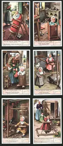 6 Sammelbilder Liebig, Serie Nr. 1648: Hoe Men eertijdes leerde Lopen, Loopmolen, Loopwagen en leiband, De staankorf