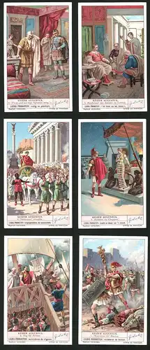 6 Sammelbilder Liebig, Serie Nr. 1391: Keizer Augustus, Octavianus bij Mutina, Slag bij Actium, Cleopatra