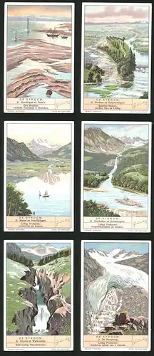 6 Sammelbilder Liebig, Serie Nr. 1353: De stroom, De Oorsprong, Kloven en Watervallen, Stortbeken en Samenloopen
