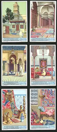 6 Sammelbilder Liebig, Serie Nr. 1351: De Marokaansche Kunst, Vazen, Lantaarnen, Binnenhuis te Sidi, Bou