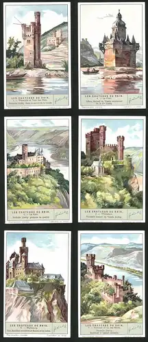 6 Sammelbilder Liebig, Serie Nr. 1273: Les Chateaux du Rhin, Marksburg, Rheinstein, Le Katz, Le Pfalz. Ehrenfels