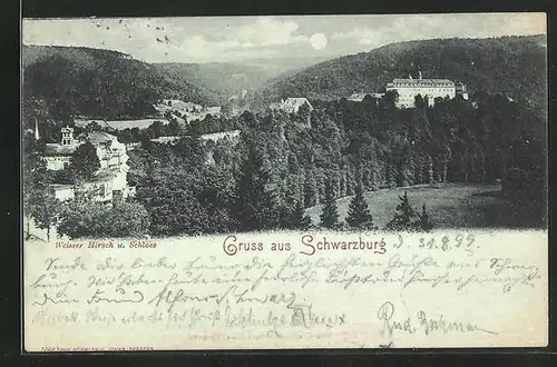 Mondschein-AK Schwarzburg, Hotel Weisser Hirsch und Schloss
