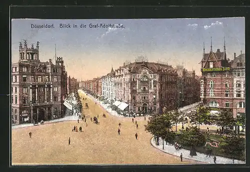 AK Düsseldorf, Blick in die Graf-Adolfstrasse mit Hotel Hansa, Hotel Bristol und Haus Norddeutscher LLoyd
