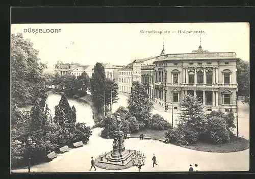 AK Düsseldorf, Hofgartenstrasse und Corneliuspaltz mit Denkmal