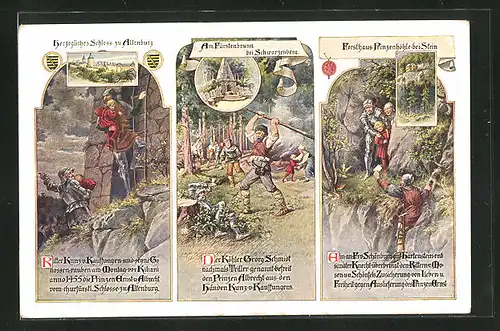 Künstler-AK Altenburg, Herzogliches Schloss, Am Fürstenbrunn bei Schwarzenberg, Forsthaus Prinzenhöhle bei Stein