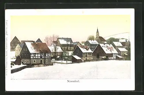 AK Naundorf, Ortspartie mit Kirche im Schnee