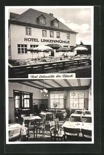 AK Pössneck, Hotel Linkenmühle mit Terasse und Innenansicht