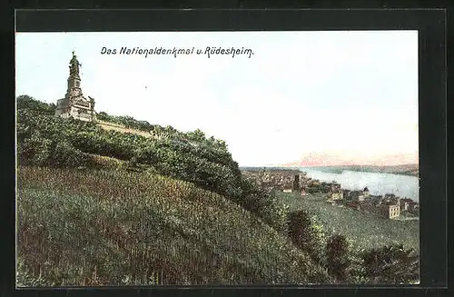 AK Rüdesheim, Ortsansicht mit Nationaldenkmal und Flusspartie